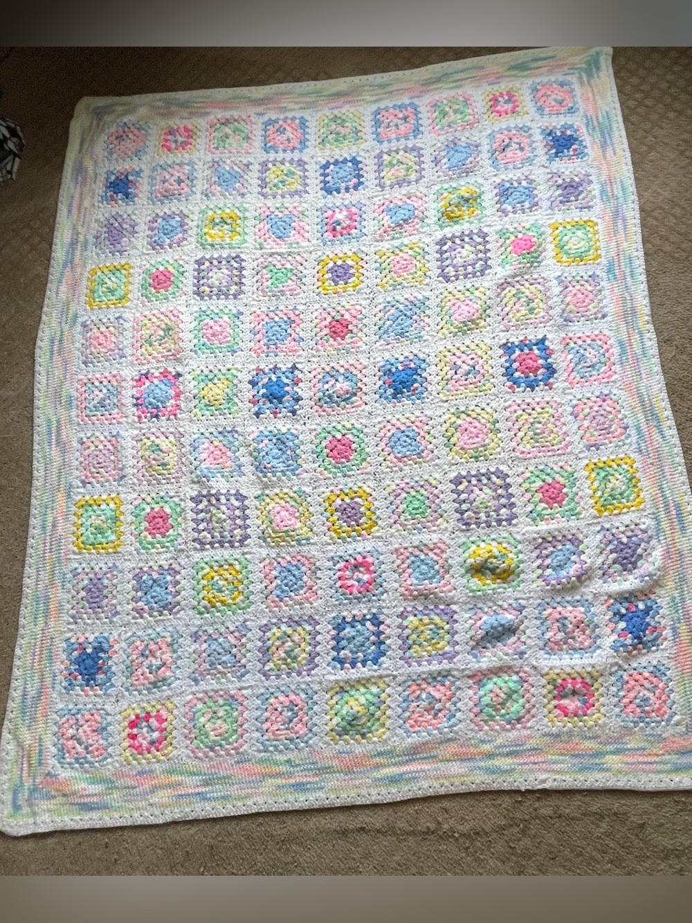 Handmade Granny Square Crochet Throw Blanket - White & Pastel Multicolor